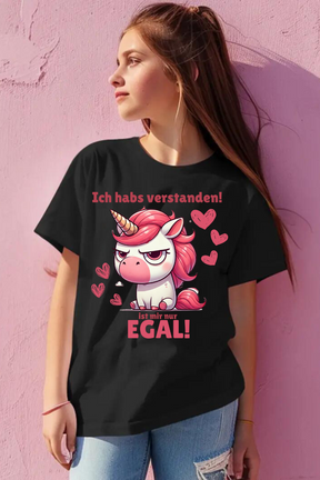 Mädchen T-Shirt Schwarz Egal Einhorn