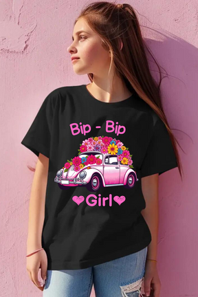 Mädchen T-Shirt Schwarz Blumen Auto