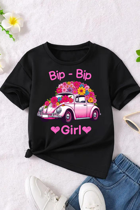 Mädchen T-Shirt Schwarz Blumen Auto