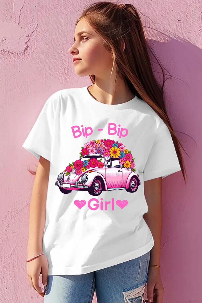 Mädchen T-Shirt Weiß Blumen Auto