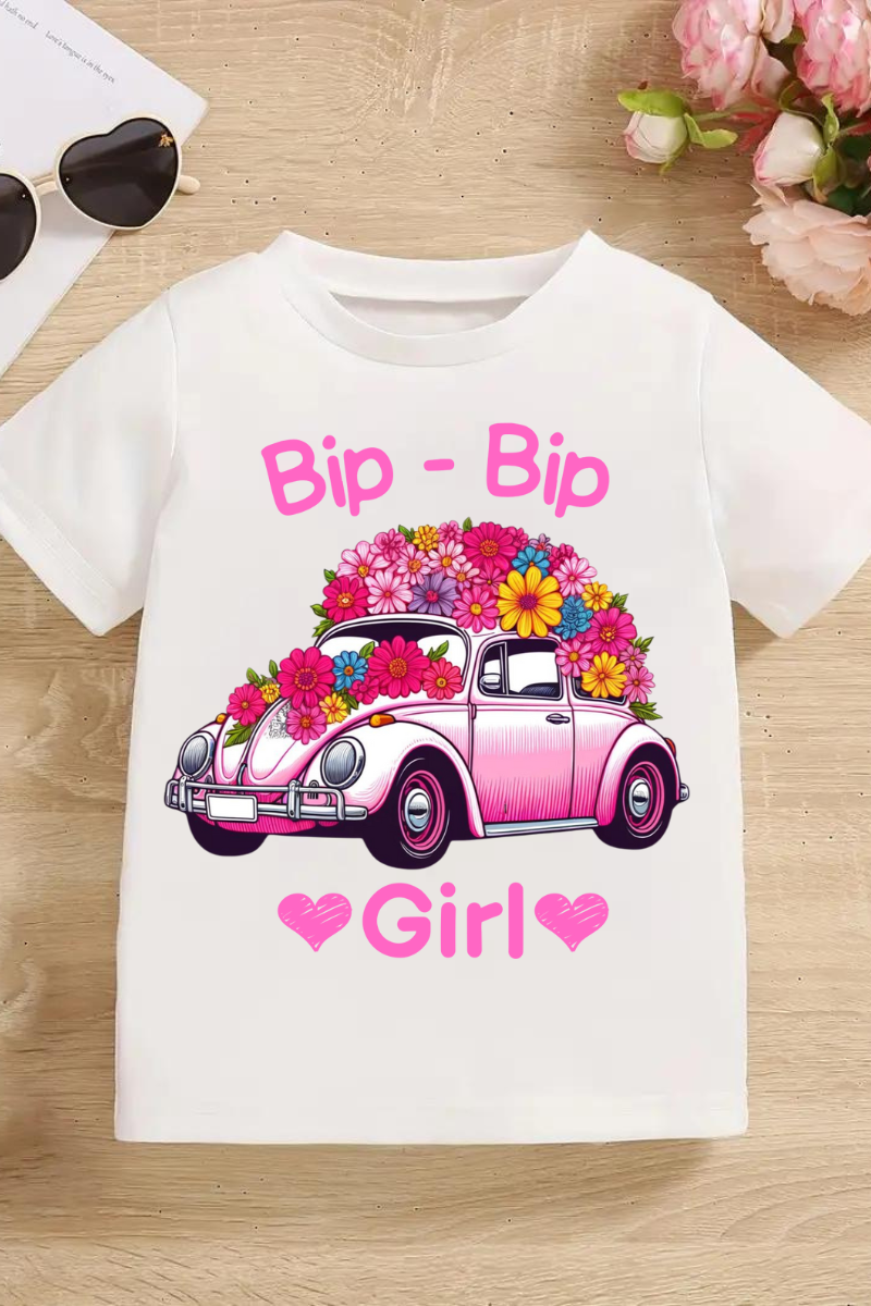 Mädchen T-Shirt Weiß Blumen Auto